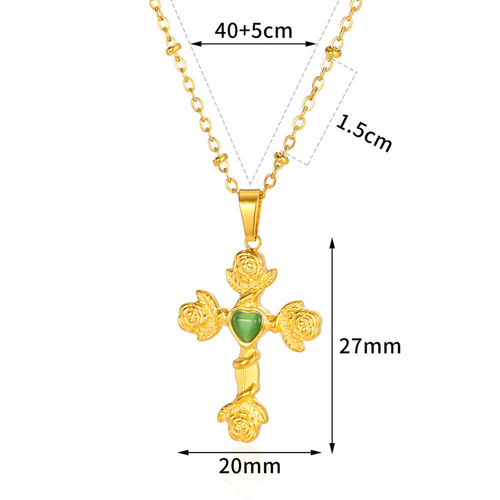 Women's Natural Stone Inlaid Sun Cross Stainless Necklaces