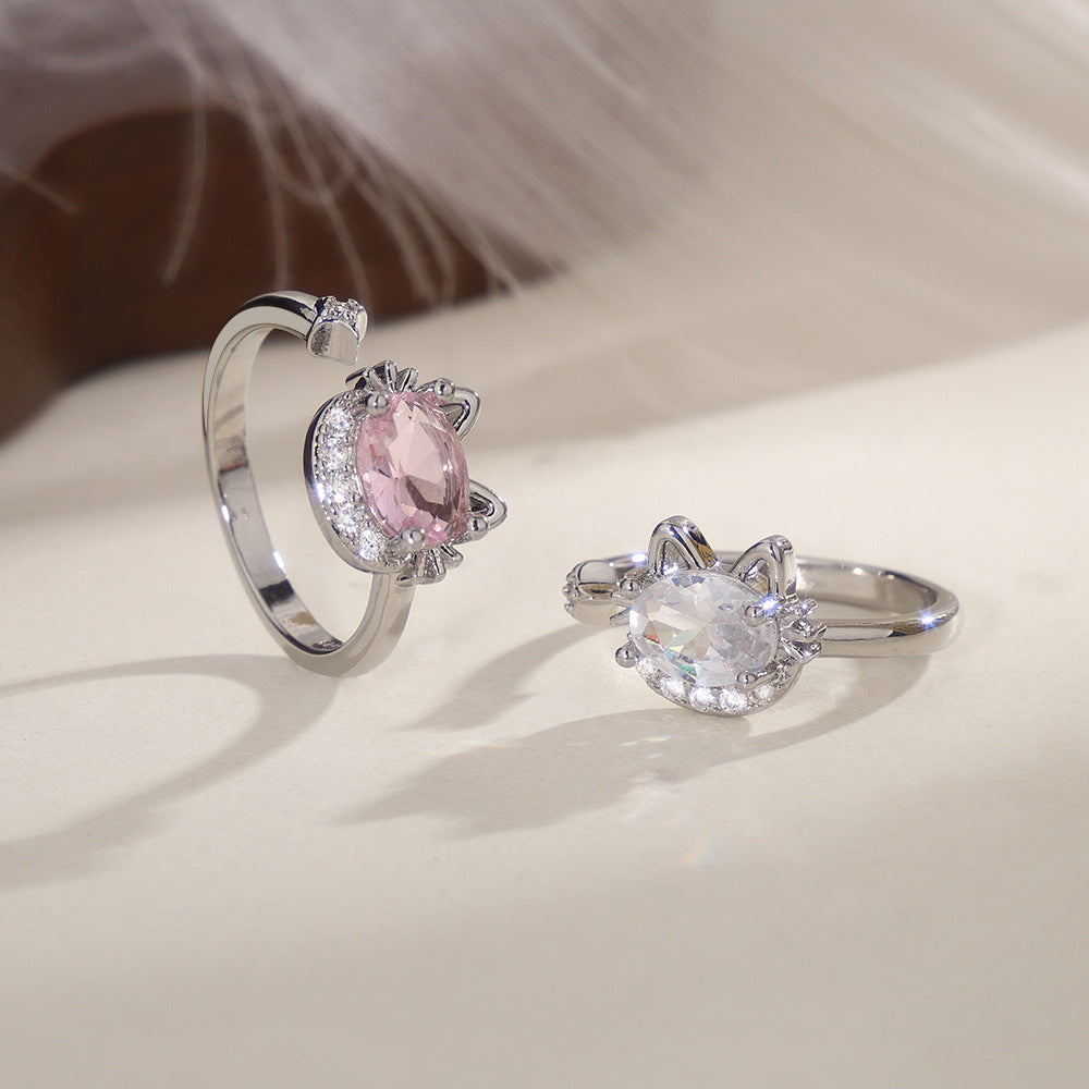 Cat Head Open Exquisite Smart Pink Diamond Ring