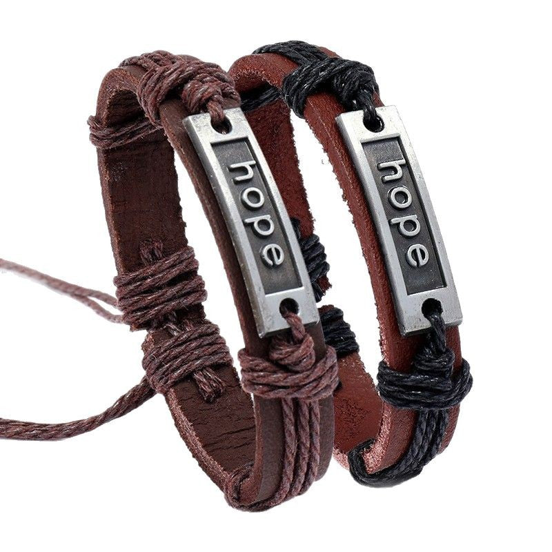 Men's Cattle Leather Alloy Woven Hand Strap Bracelet