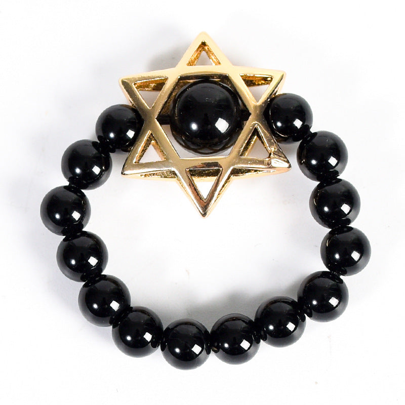 Natural Crystal Stone Round Beads Six-pointed Star Jade Handmade Rings