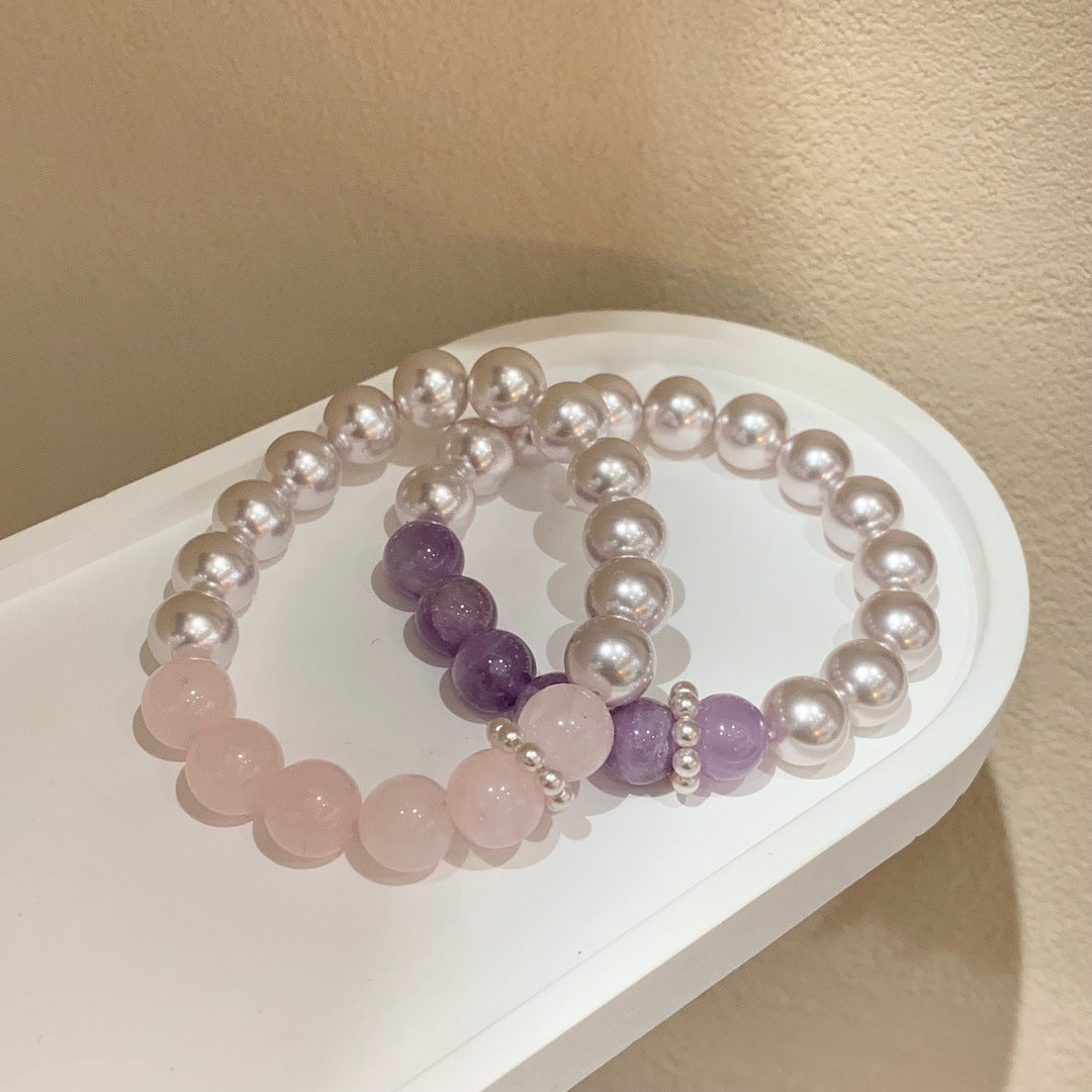 Women's Crystal Manta Rose Pearl Purple Perfect Circle Stitching Elastic String Bracelet