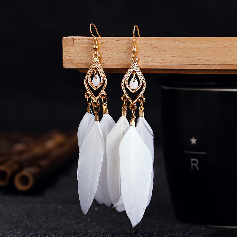 Women's Diamond Alloy Bead Tassel Feather Colorful Earrings