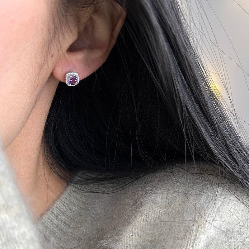 Women's Sterling Sier Needle Purple Cube Sugar High-grade Stud Earrings