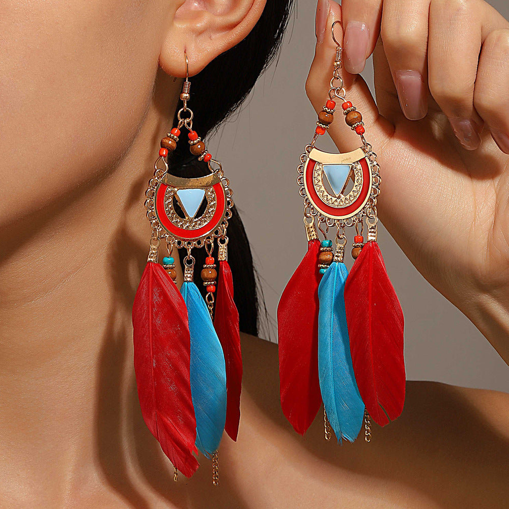 Semicircle Feather Popular Long Bead Chain Tassel Ethnic Rings