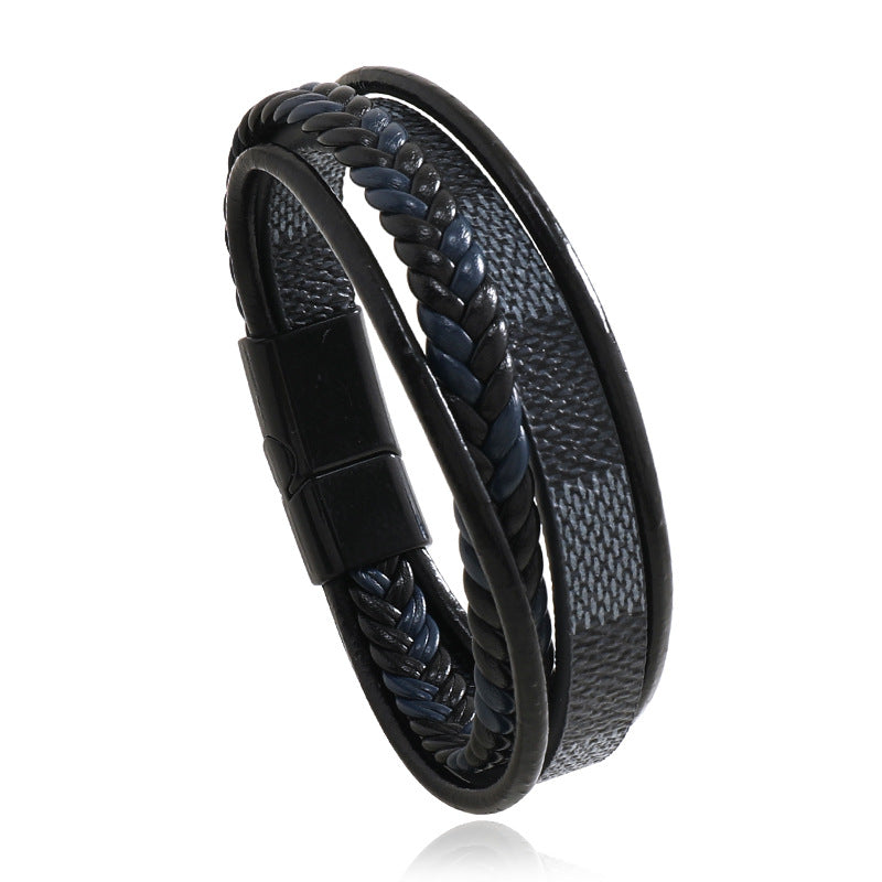 Men's Leather Weave Striped Alloy Magnetic Buckle Bracelets