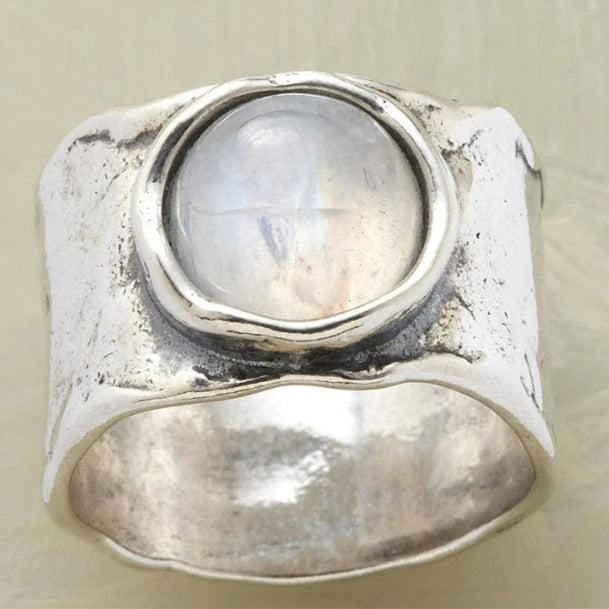 Men's Fashion Retro Moonstone Wide Face Personality Rings