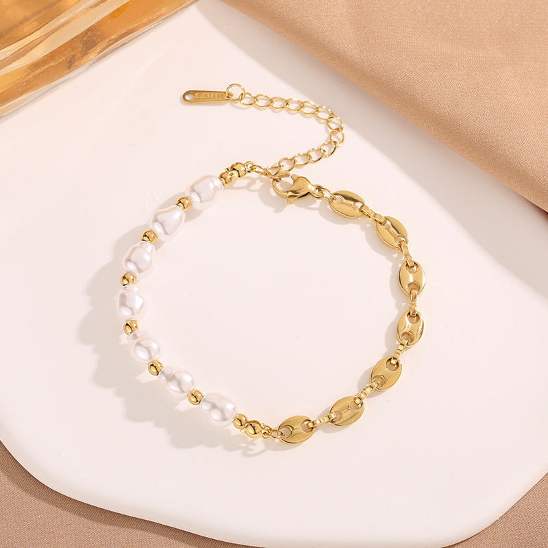 Women's Super Flash Pig Nose Pearl Titanium Steel Bracelet