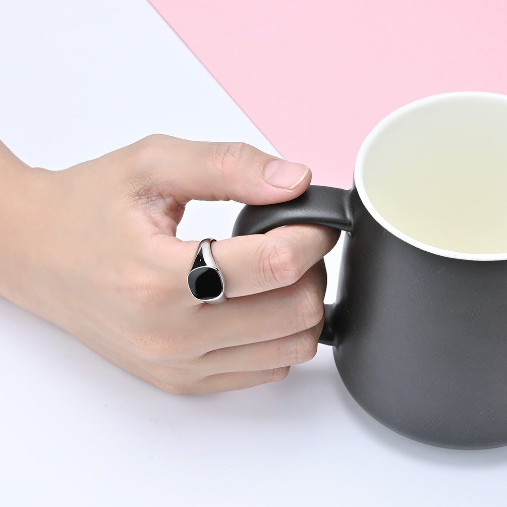 Women's & Men's Steel Oil Dripping Black Signet Unisex Style Fashion Rings