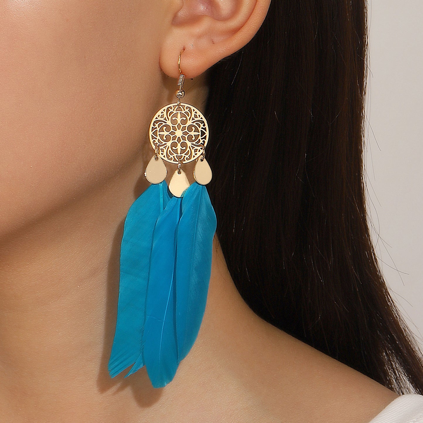 Semicircle Feather Popular Long Bead Chain Tassel Ethnic Rings