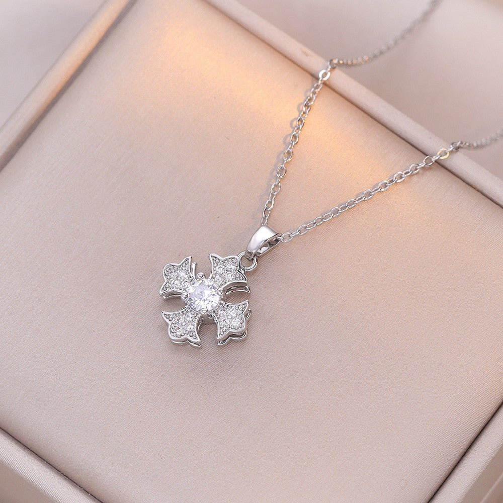 Female Minority Fashion Design Rotating Bauhinia Zircon Flower Necklace