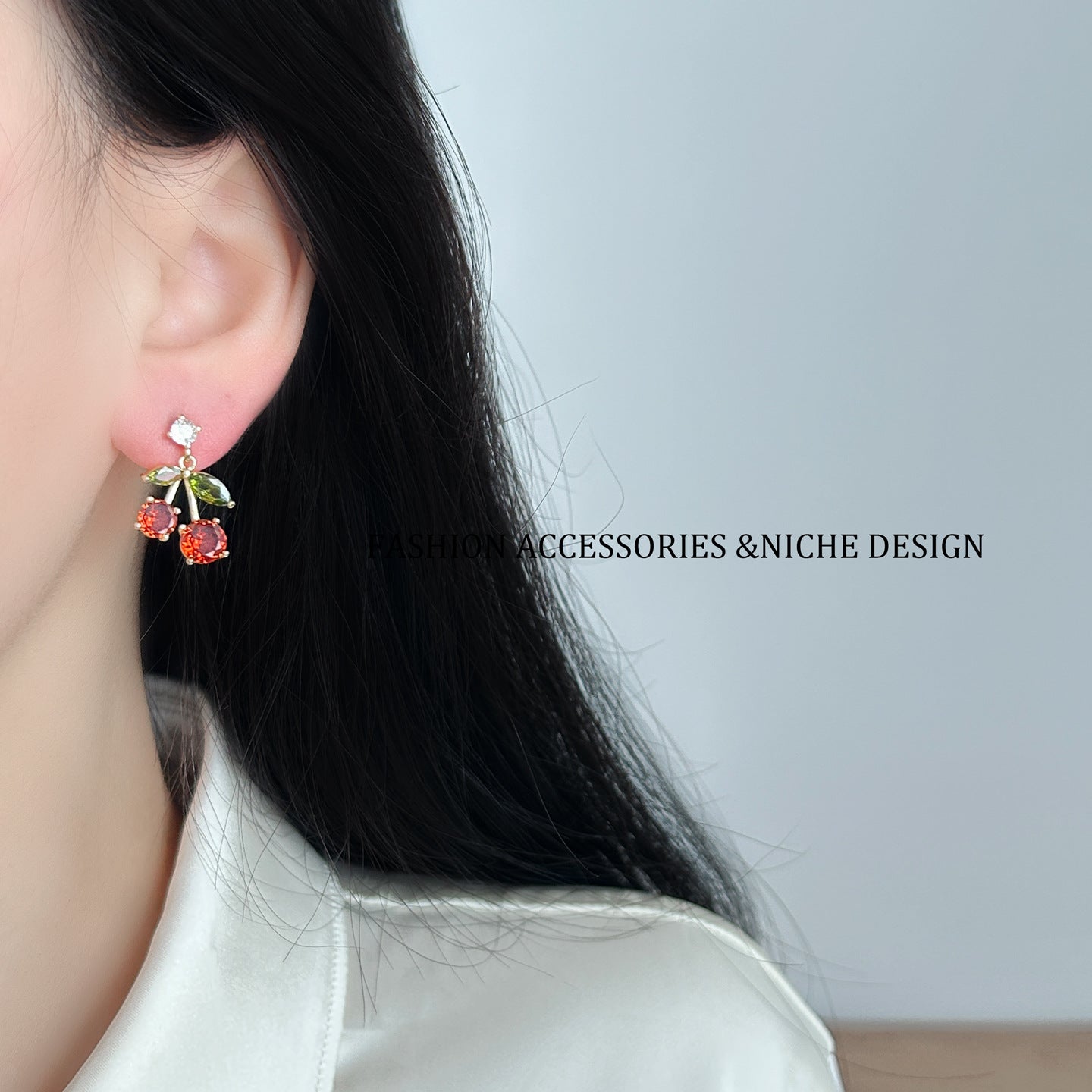 Popular Fruit Series Sweet Cherry Niche Design Ear Copper Necklaces