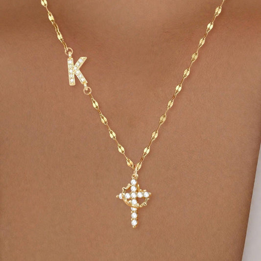 Full Diamond Rotatable Crown Cross With Letters Gold-plated Necklace