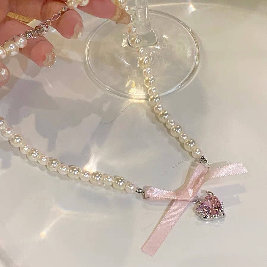 French Romantic Love Baroque Pearl Female Sexy Sweet Bow Necklace