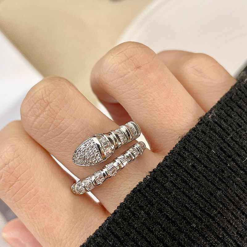 Women's Shining Diamond Snake-shaped Sier Open Advanced Texture Simple Trendy Cool Ring