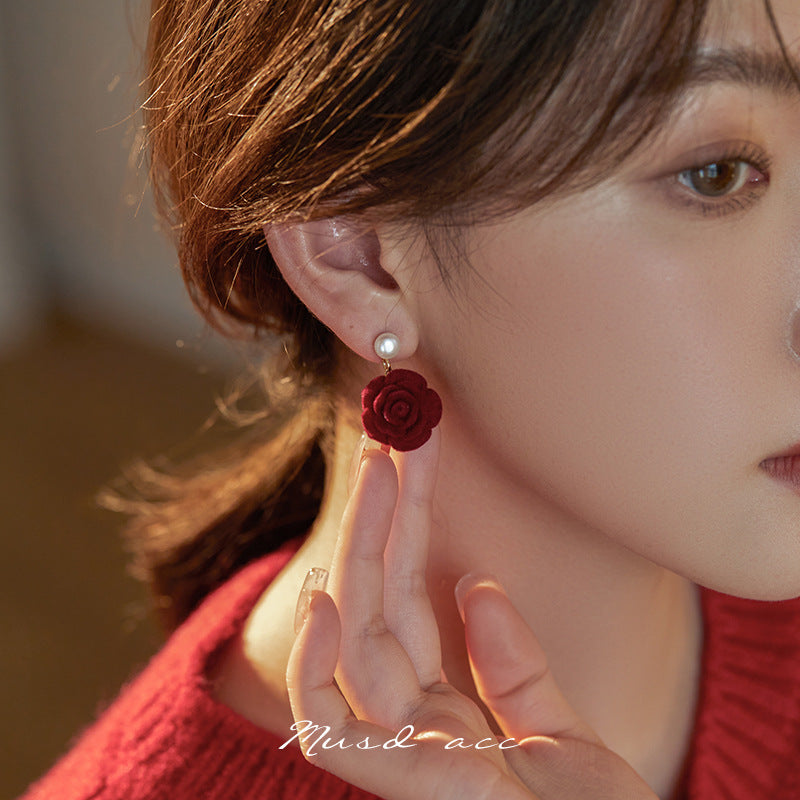 Women's Retro Style Veet Red Rose Ear Stud Earrings