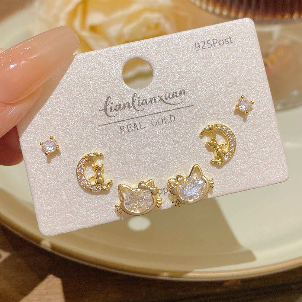 Women's Needle One Card Three Pairs Earings Small Delicate Summer High-grade Stud Earrings