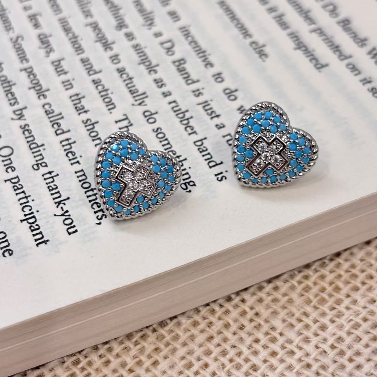 Blue Turquoise Cross Heart Trendy Light Luxury High-grade Earrings