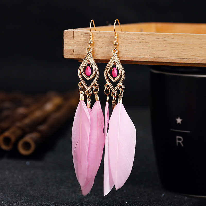 Women's Diamond Alloy Bead Tassel Feather Colorful Earrings