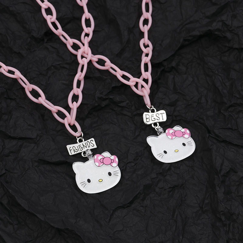 Round Beads Cute Cat Pink Lock Gift Necklace