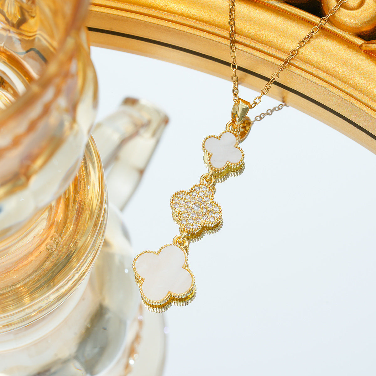 Women's Steel Triple Double-sided Clover Full Diamond Clavicle Chain Light Luxury Necklaces
