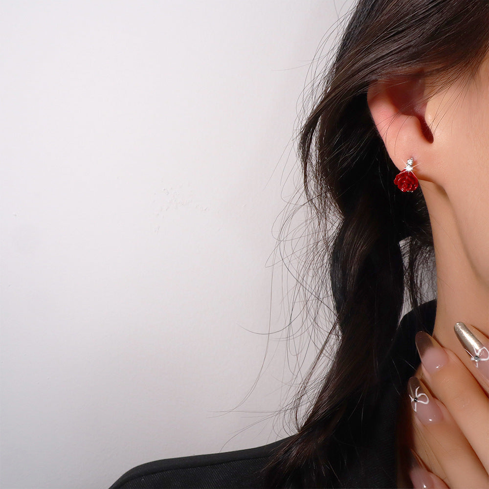 Transparent Colorful Rose Simple Niche Commuter Style Temperamental Lady Gentle Stud Earrings