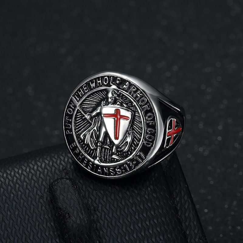 Men's Steel Gold-plated Vintage Templar Red Cross Rings