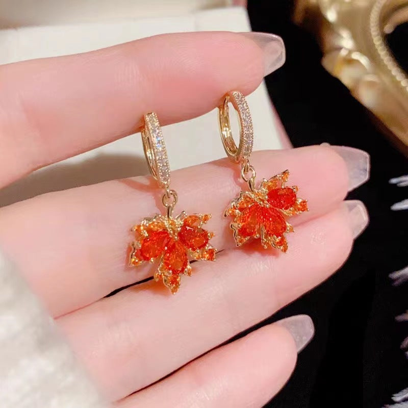 Red Maple Leaf Zircon Trendy High-grade Temperamental Ear Buckle