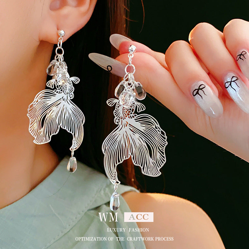 Women's Style Sier Needle Koi Unique Design Temperamental High-grade National Earrings