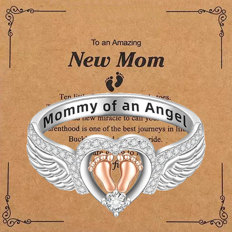 Creative Mother's Angel Wings Heart Engraved Ring