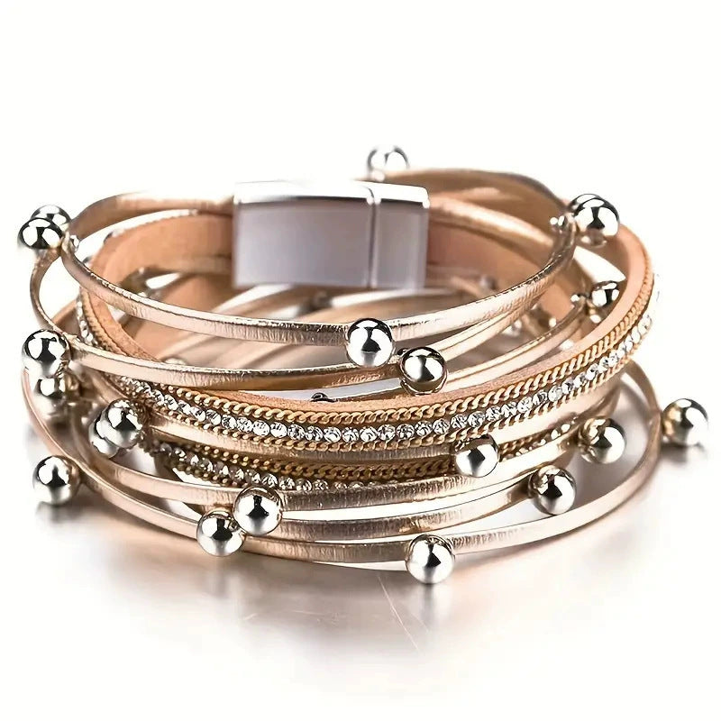 Women's Leather Fashion Diamond Leopard Print Magnetic Bracelets