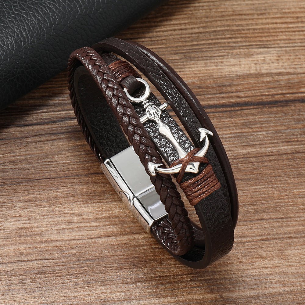 Men's Fashion Trend Woven Leather Alloy Boat Bracelets