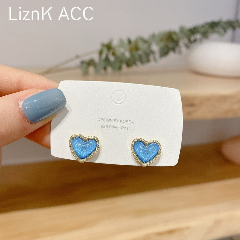 Women's Sier Needle Blue Loving Heart Small Simple Cold Style High Earrings