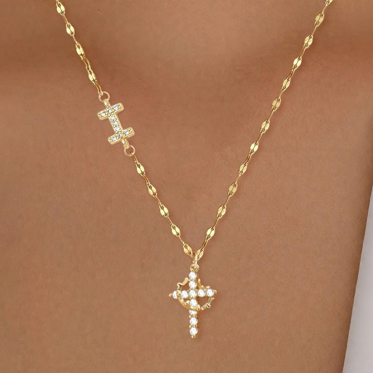 Full Diamond Rotatable Crown Cross With Letters Gold-plated Necklace