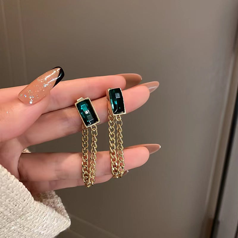 Needle Vintage Emerald Crystal Metal Chain Elegant Earrings