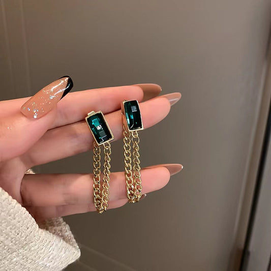 Needle Vintage Emerald Crystal Metal Chain Elegant Earrings