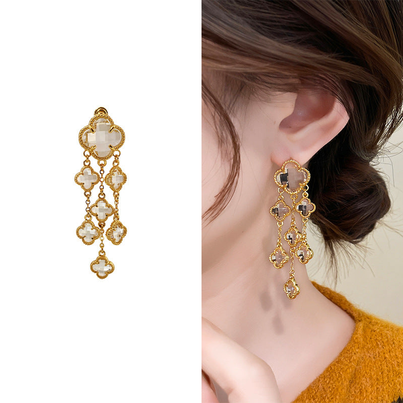 Gold Electroplated Glass Flower Tassel Retro Light Luxury Earrings