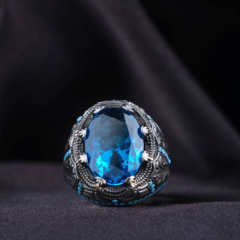 Artisan Grandmother Blue Zircon Retro Man's Ring