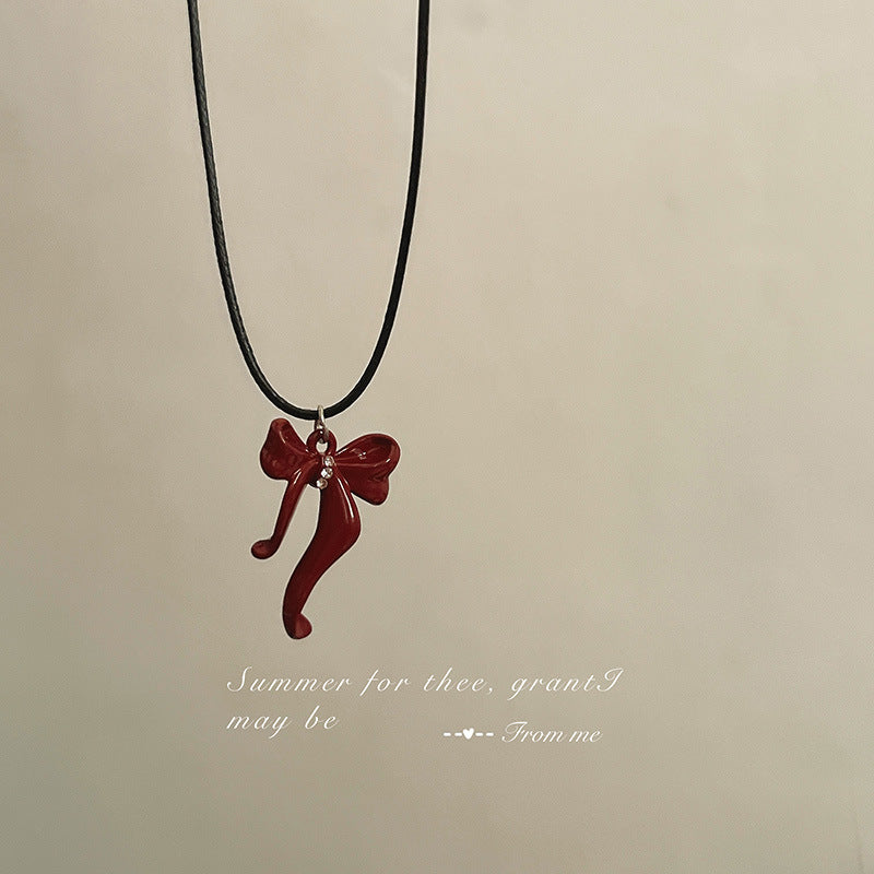 Red Niche Minimalist Bow Black Leather Rope Necklaces