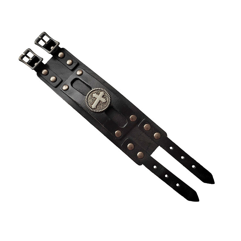 Men's Popular Punk Cattle Leather Cross Wide Bracelets