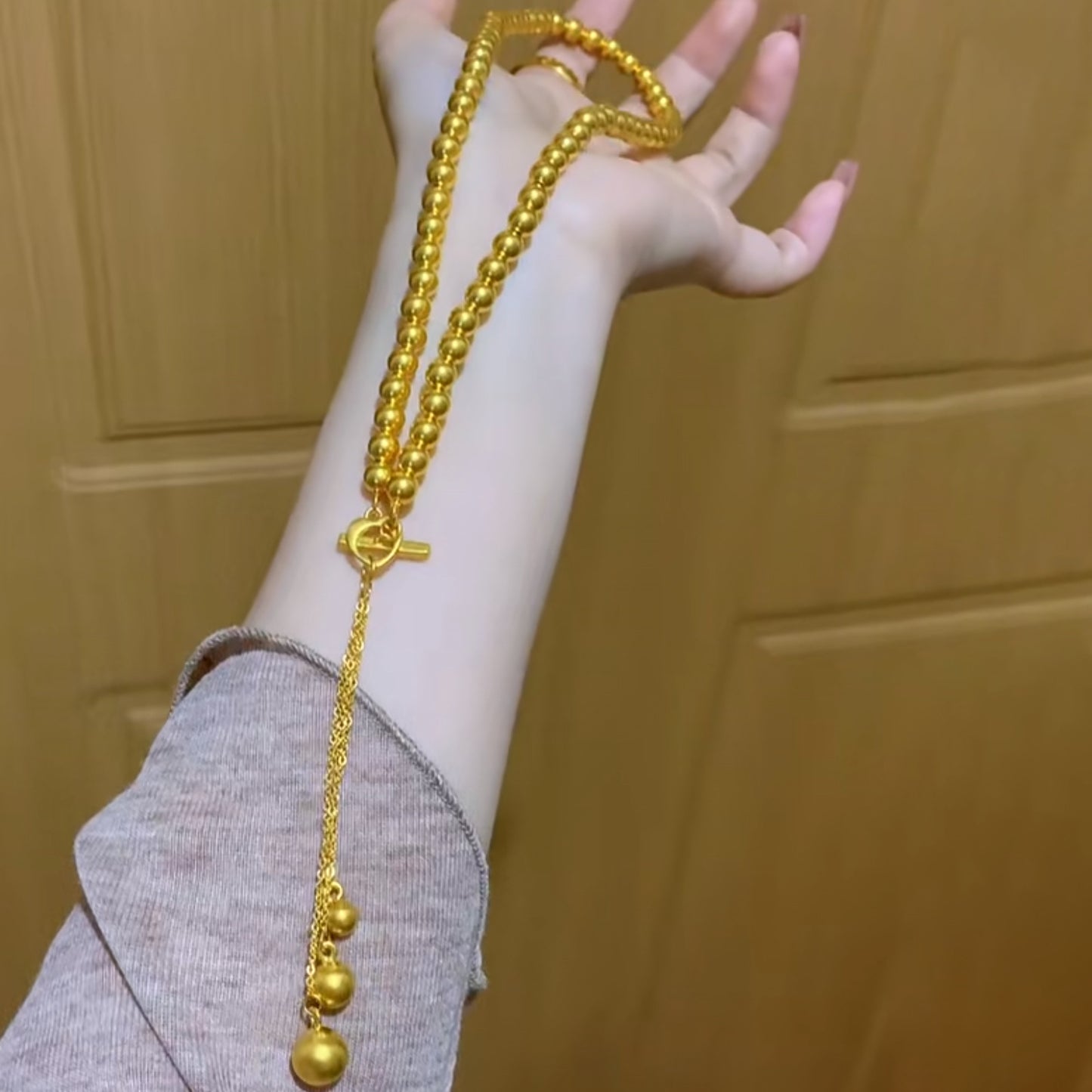 Ancient Gold Beads Chain Drop-off Heart Buckle Tassel Imitation Three Necklaces