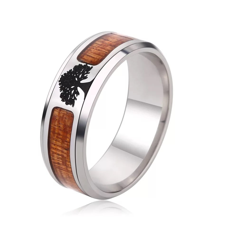 Men's Fashion Simple Titanium Steel Half Sapele Wood Leather Can Be Rings