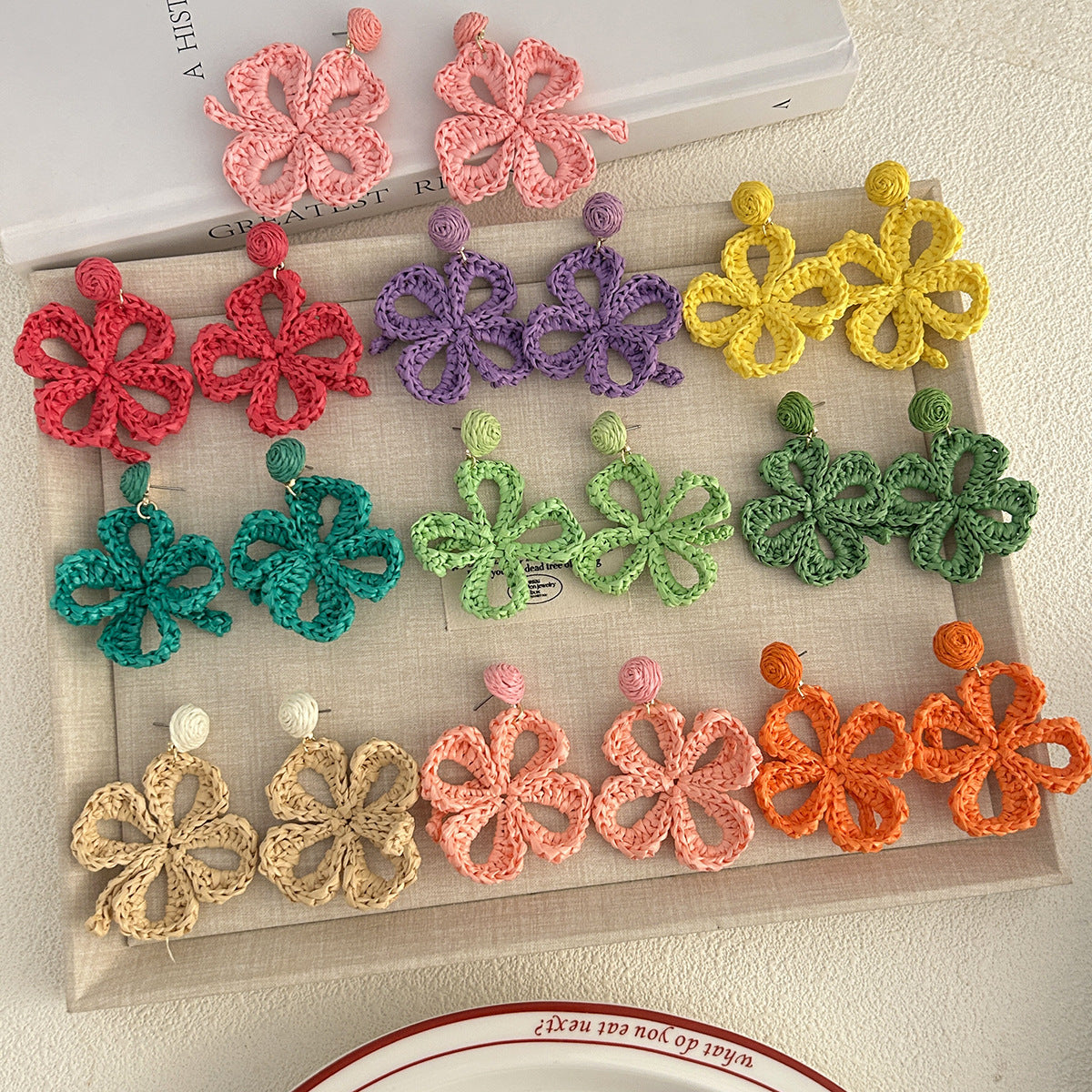 Women's Summer Tassel Flowers Hand-woven Raffia Vacation Style Earrings