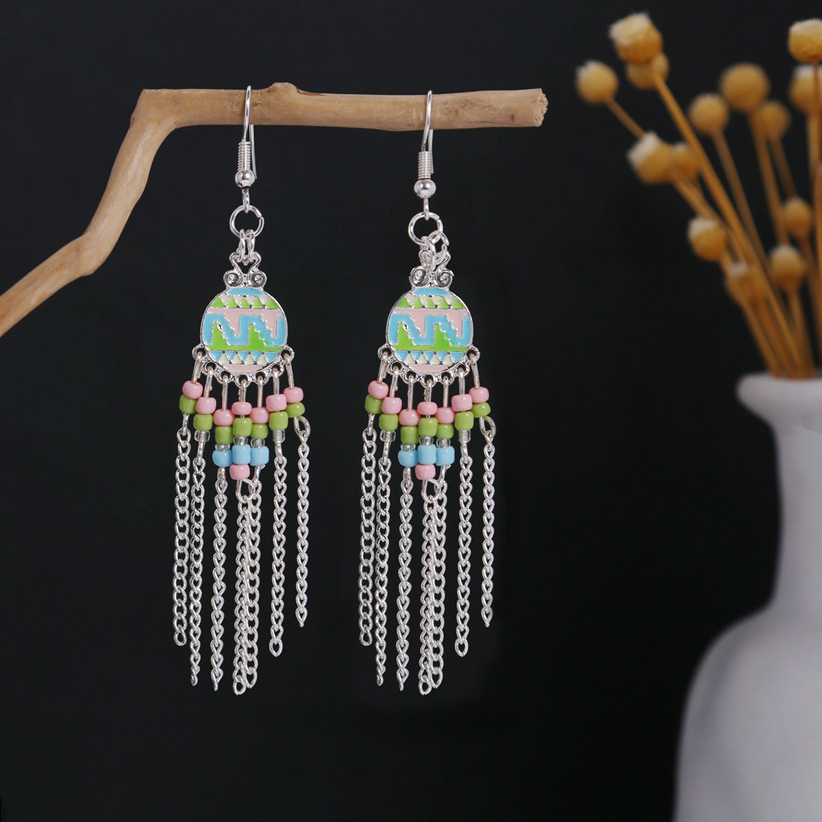Turquoise Bohemian Palm Owl Bronze Carved Geometric Feather Earrings