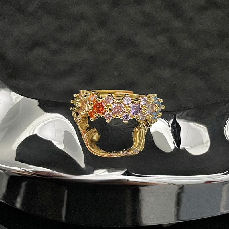 Lace Hollow Colorful Crystals Open Female Temperamental Rings