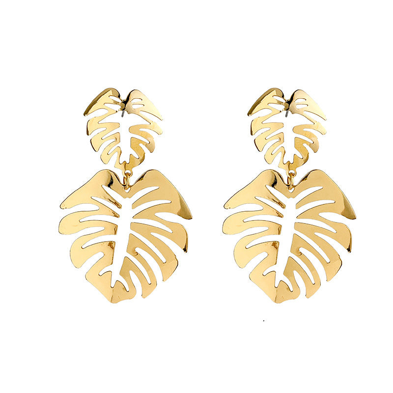 Sier Needle Vintage Metal Leaf Branches Hollow Ear Earrings