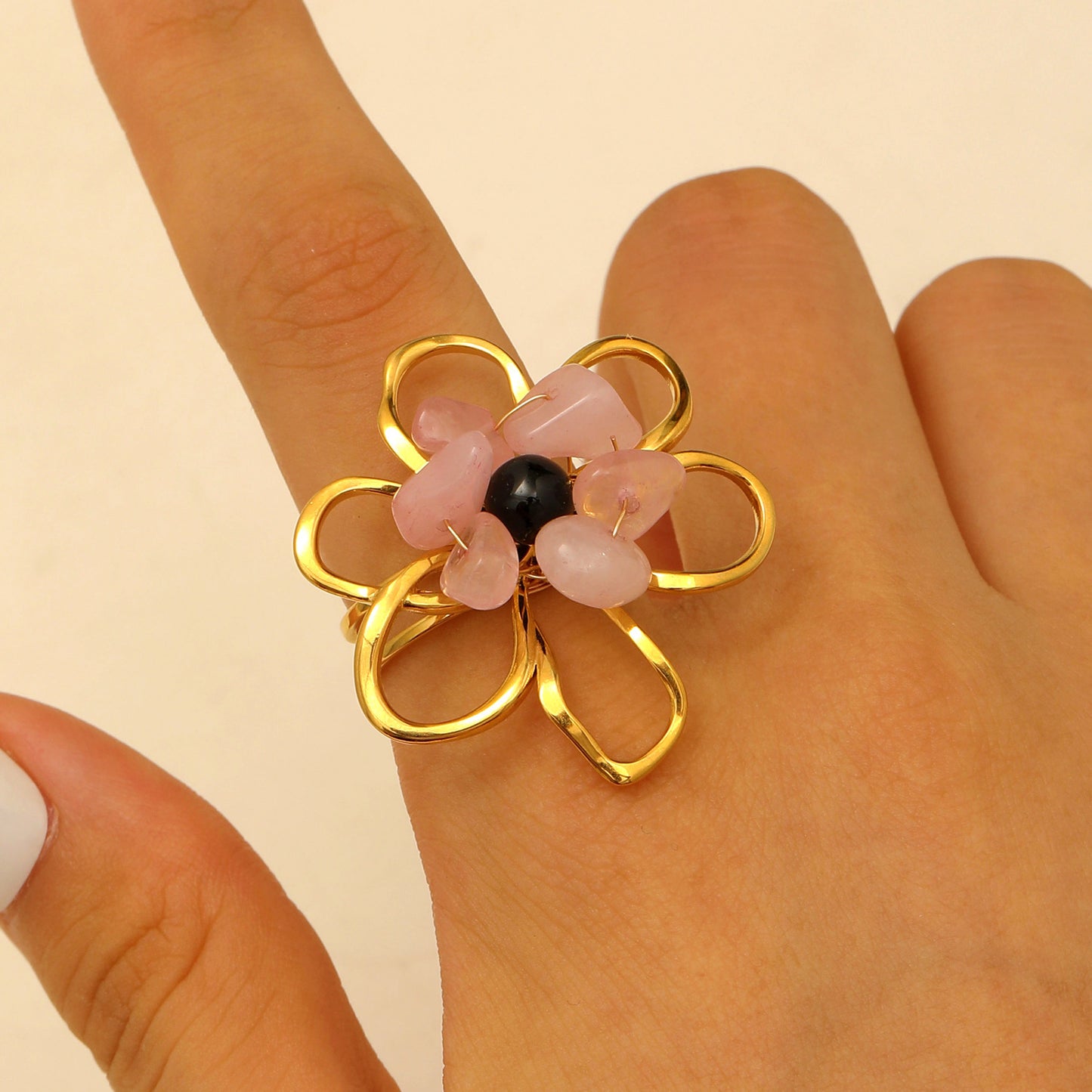 Steel Flower Leaf Female Exaggerated Personalized Hollow Ring