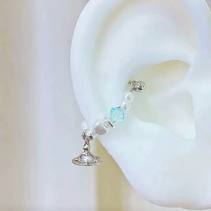 Women's Sier Round Simple Inlaid Saturn Pearl Titanium Steel Screw Ear Earrings