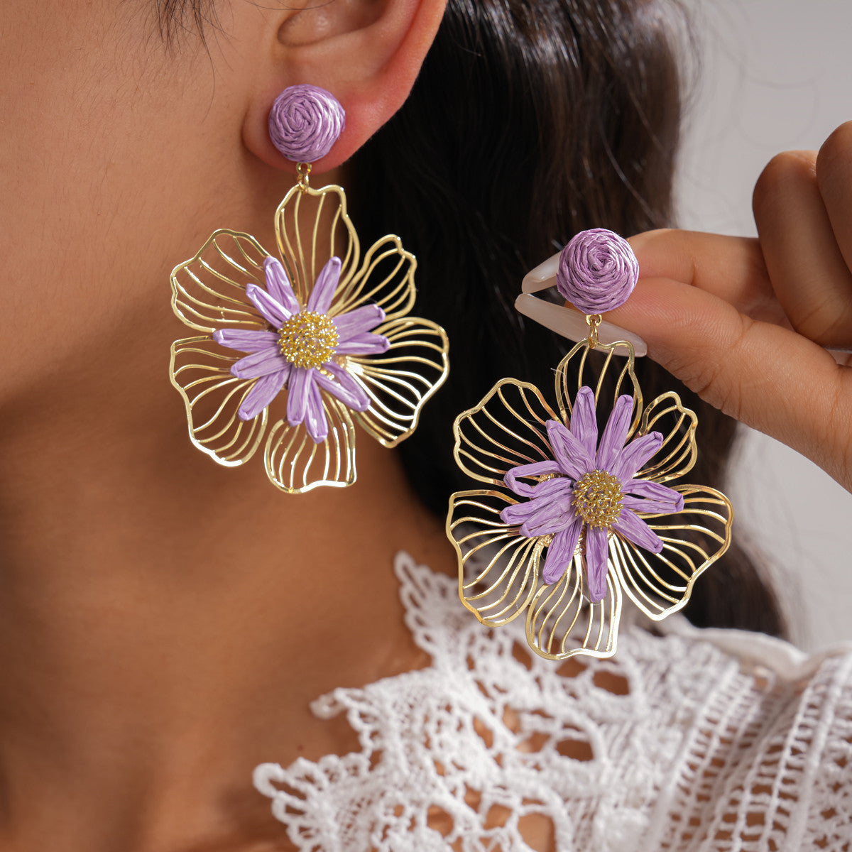 Vacation Style Metal Raffia Flower Sier Sweet Fresh Earrings