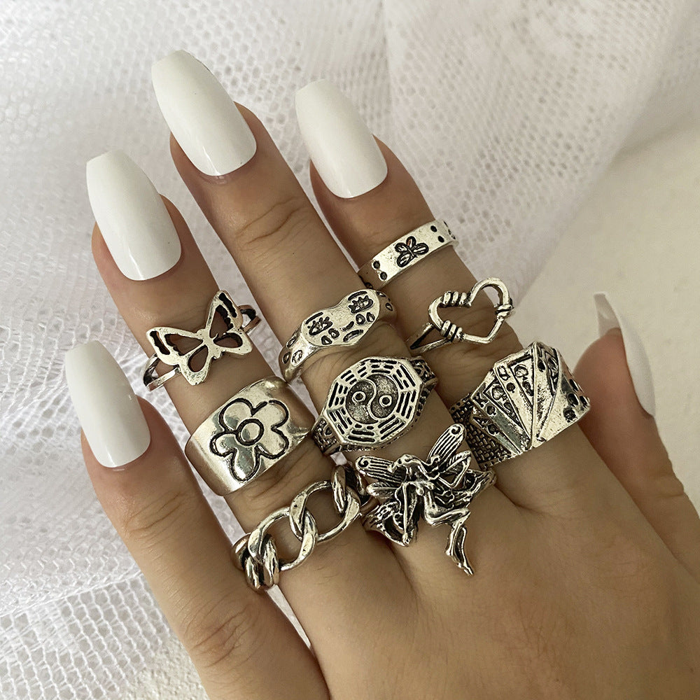 Vintage Crying Face Set Poker Hollow Rings