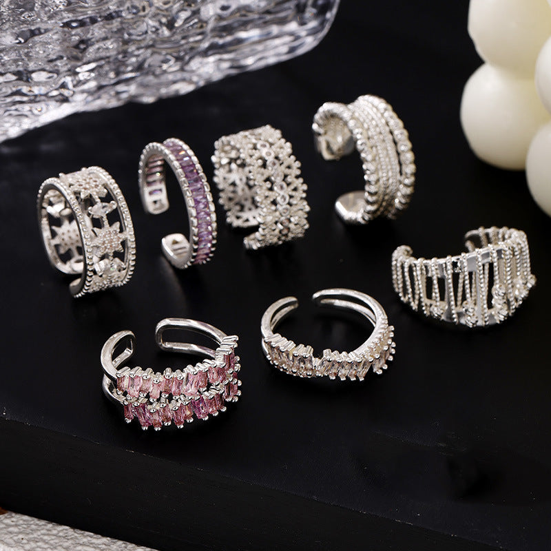 Sier Light Luxury High Sense Design Open Adjustable Zircon Ring